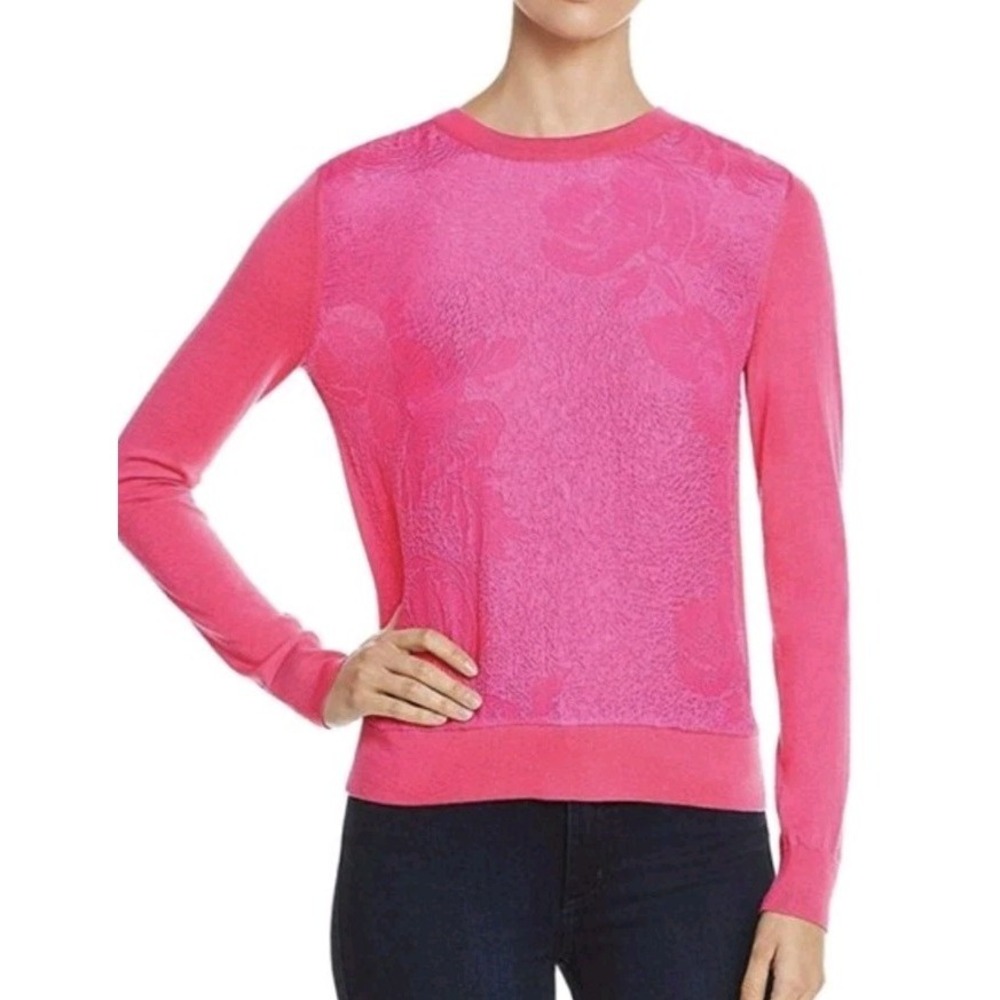 New‎ Tory Burch Silk Wool Floral Cloque Front Pink Sweater Woman L Barbie Career